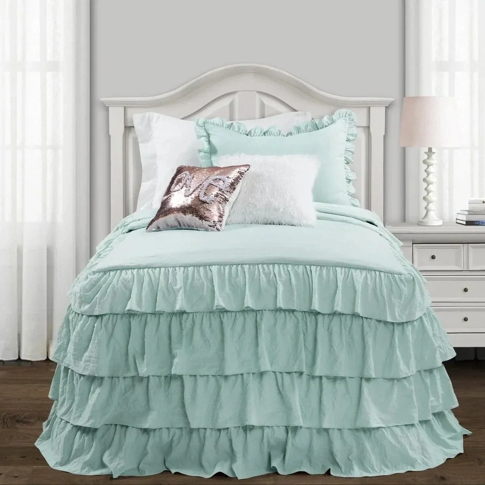 $230 Lush‎ Decor Allison Ruffle Skirt Bedspread Set in Aqua Full Size Romantic
